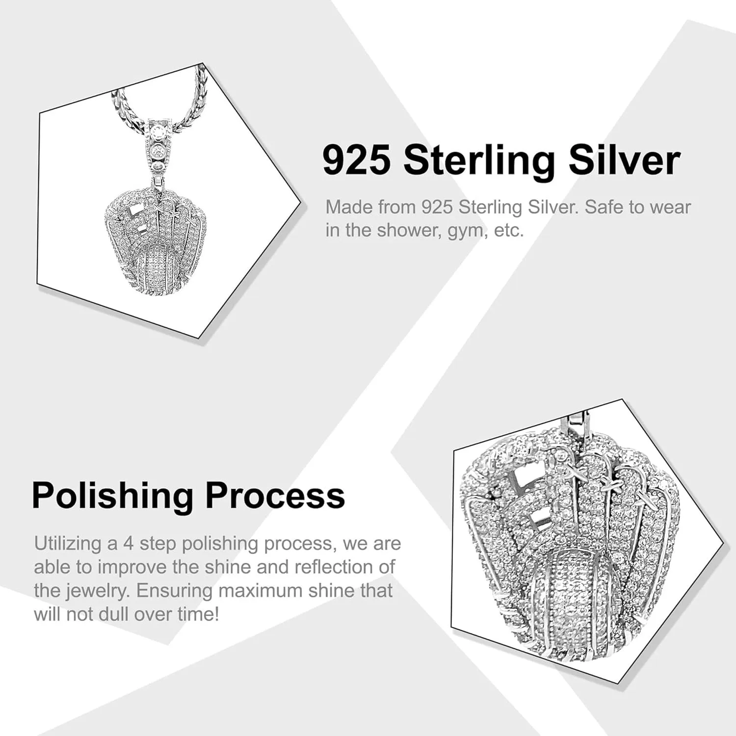 Silver Baseball Glove Pendant Necklace - 925 Sterling Silver with Cubic Zirconia Stones - Optional 2.3mm Franco Chain - Baseball Player Jewelry