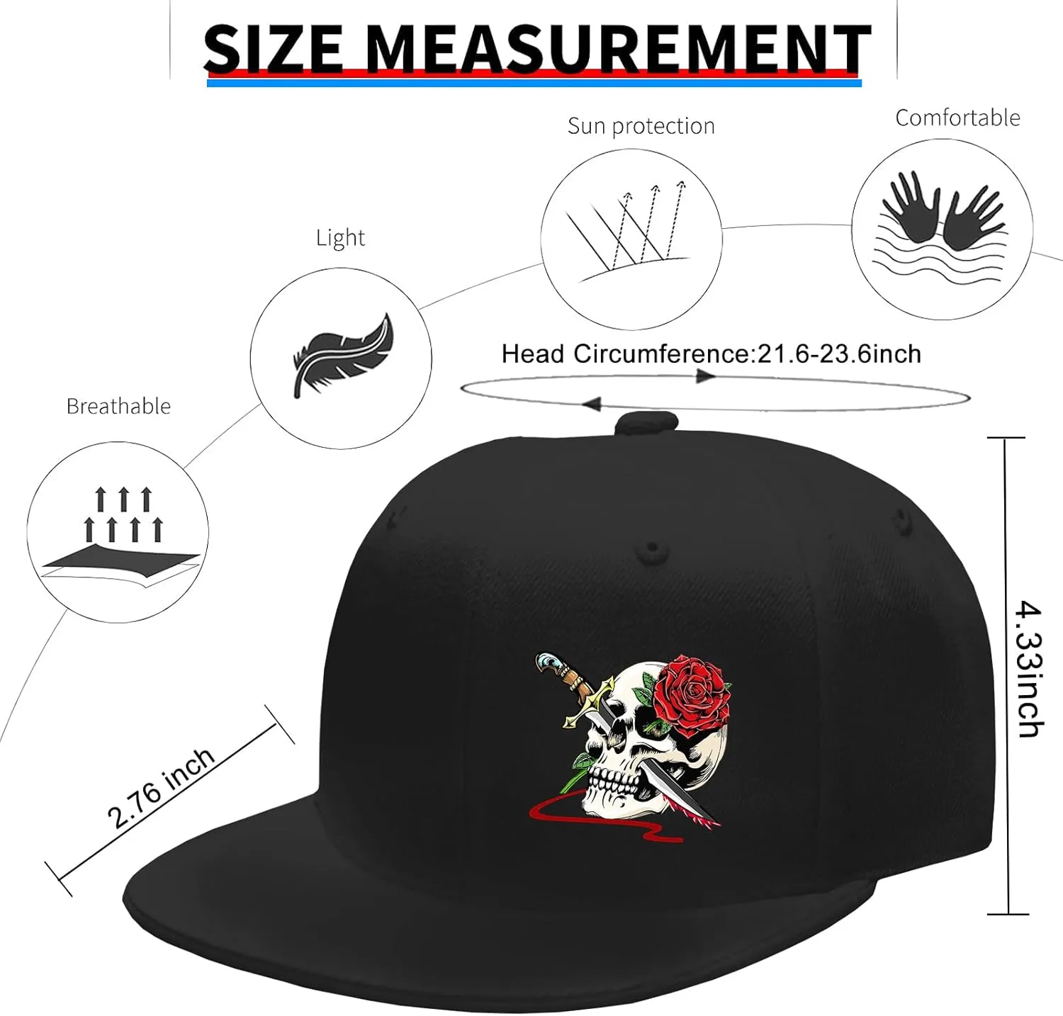 Snapback Hats for Men Flat Bill Hats for Men Black SkullHat Flat Brim Hat Fitted Hats Baseball Caps