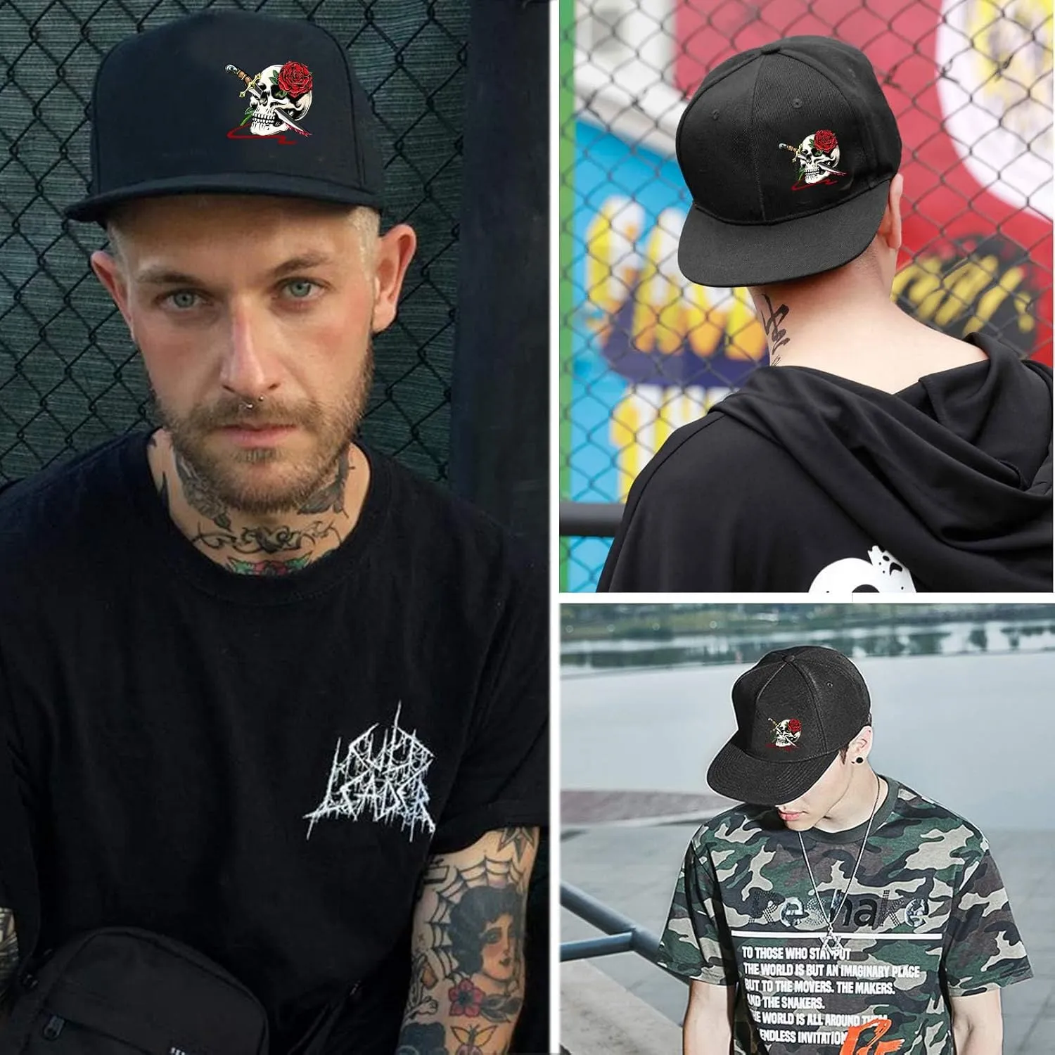 Snapback Hats for Men Flat Bill Hats for Men Black SkullHat Flat Brim Hat Fitted Hats Baseball Caps