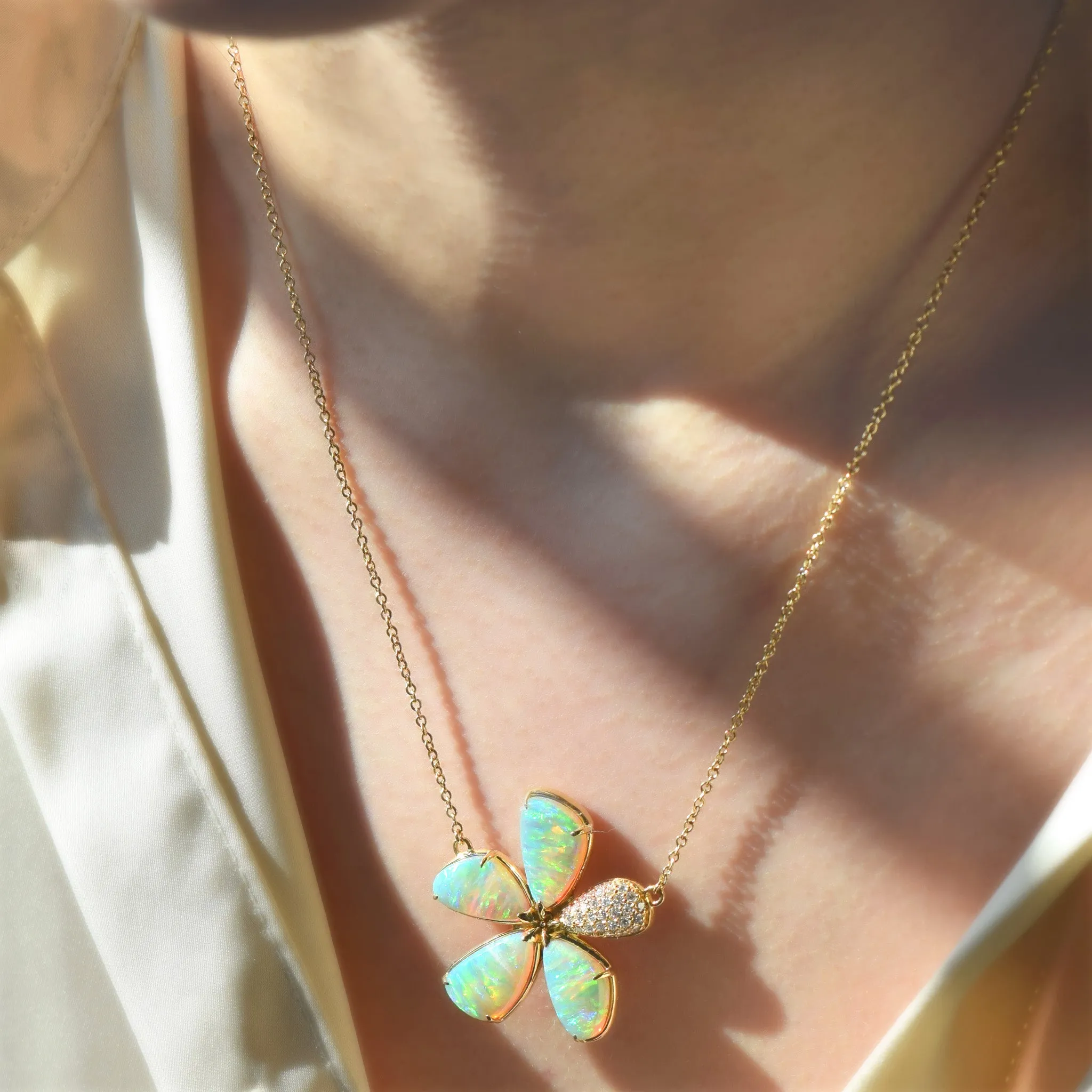Special Edition Australian Crystal Opal and Diamond Flower Necklace