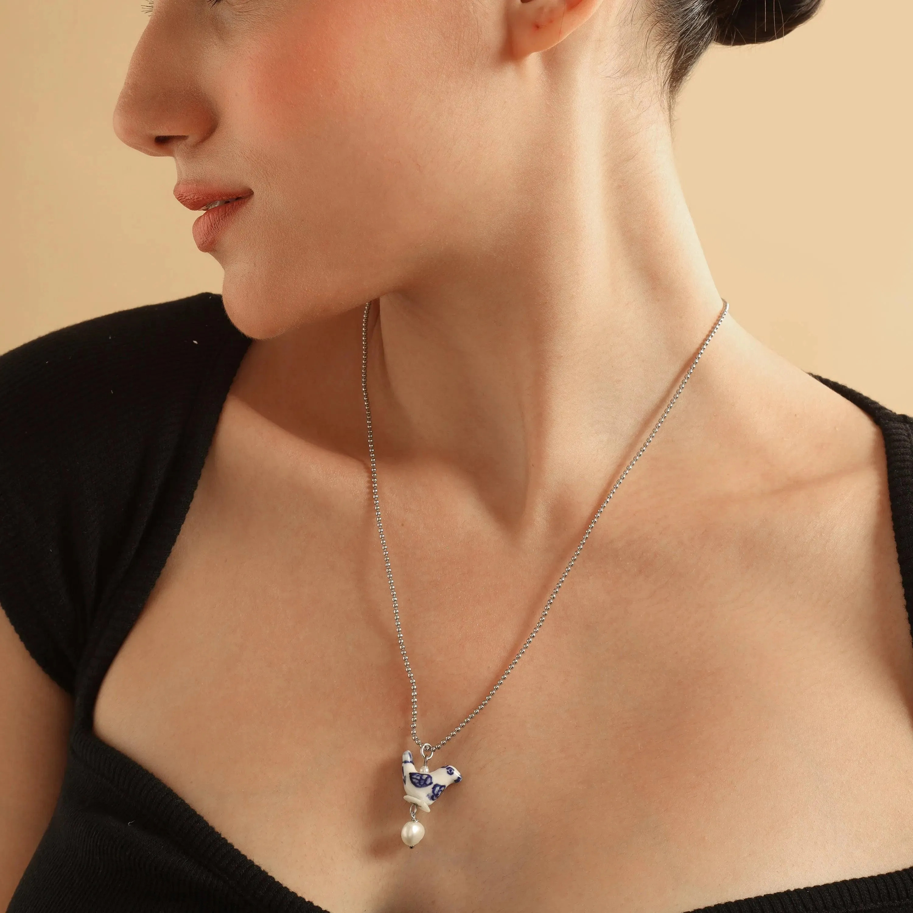 TFC Blue Pottery Bird & Pearl Silver Plated Long Pendant Necklace