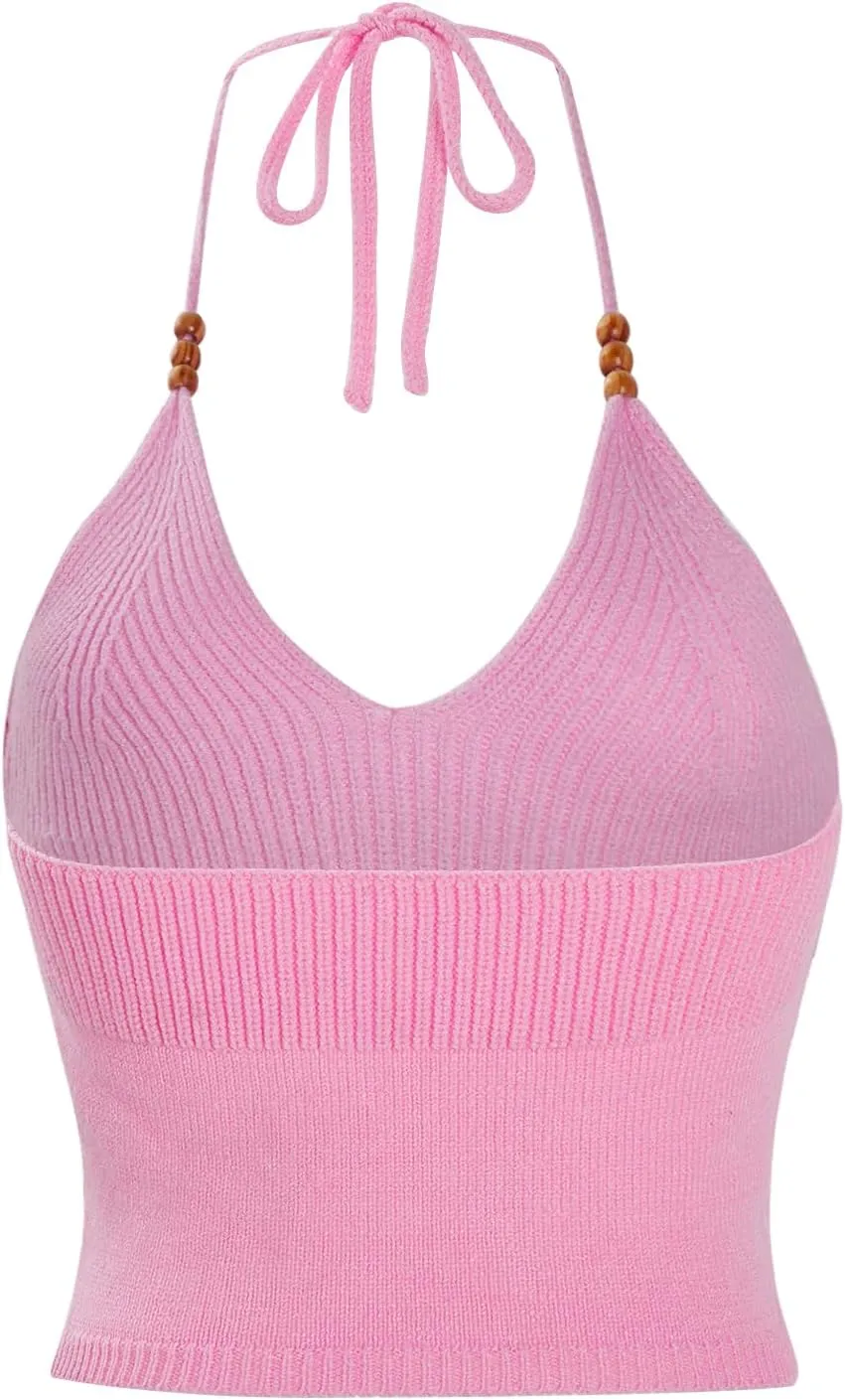 Verdusa Women's Y2k Halter Tops Gothic Clothes Summer Going Out Tops Crochet Cami Tie Boho Knit Top