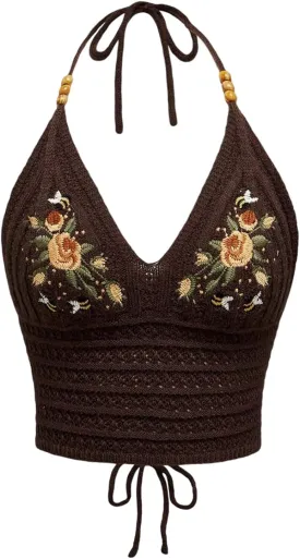 Verdusa Women's Y2k Halter Tops Gothic Clothes Summer Going Out Tops Crochet Cami Tie Boho Knit Top