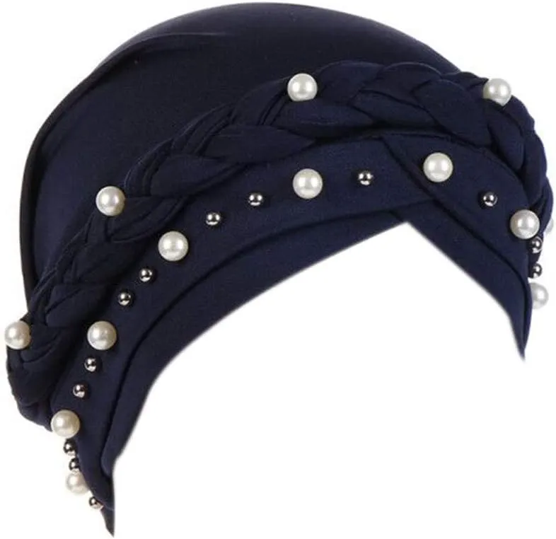 Women Pearl Beaded Braid Hijab Turban Hat Twisted Cancer Headscarf Chemo Beanies Bandana Headwrap Cap