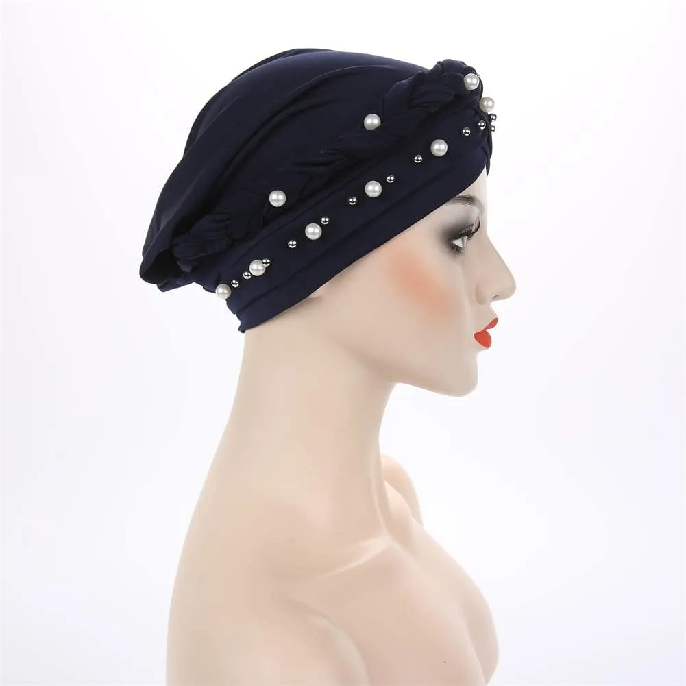 Women Pearl Beaded Braid Hijab Turban Hat Twisted Cancer Headscarf Chemo Beanies Bandana Headwrap Cap