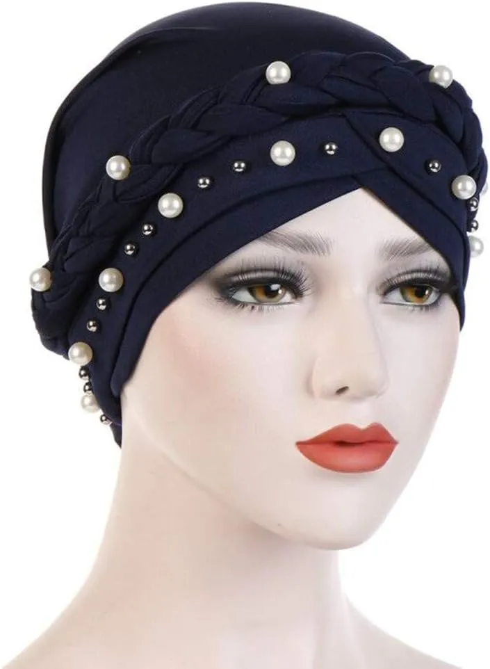 Women Pearl Beaded Braid Hijab Turban Hat Twisted Cancer Headscarf Chemo Beanies Bandana Headwrap Cap
