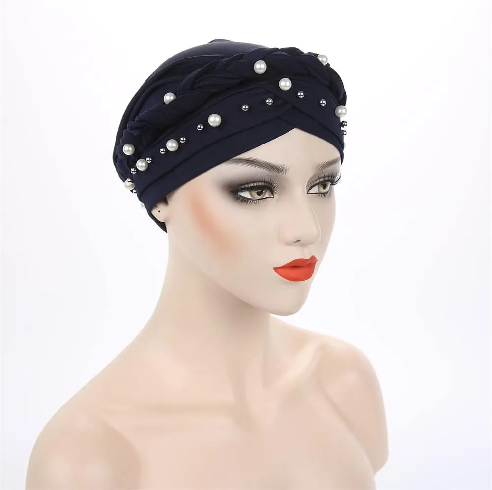 Women Pearl Beaded Braid Hijab Turban Hat Twisted Cancer Headscarf Chemo Beanies Bandana Headwrap Cap