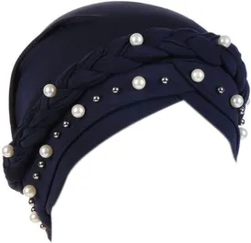 Women Pearl Beaded Braid Hijab Turban Hat Twisted Cancer Headscarf Chemo Beanies Bandana Headwrap Cap