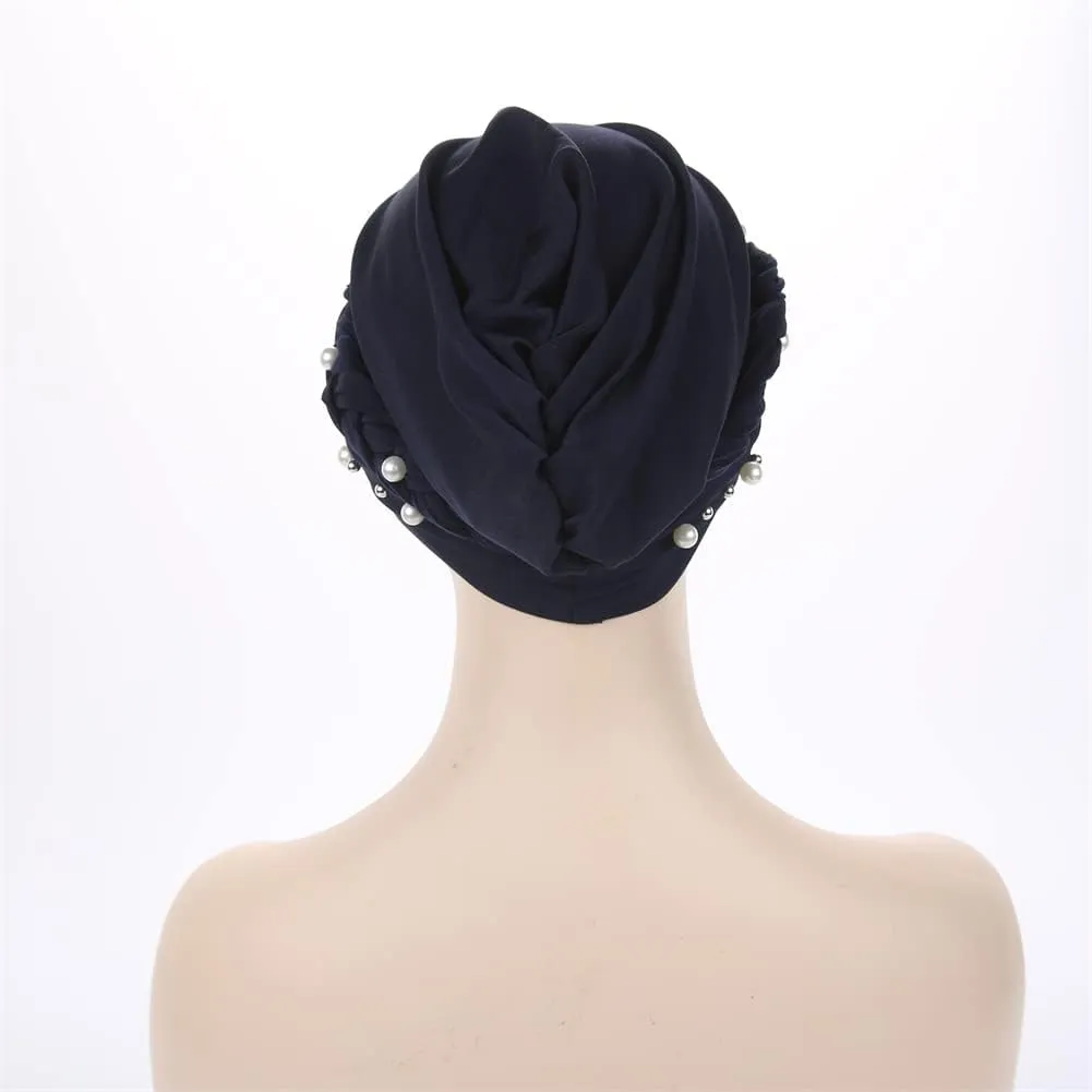 Women Pearl Beaded Braid Hijab Turban Hat Twisted Cancer Headscarf Chemo Beanies Bandana Headwrap Cap