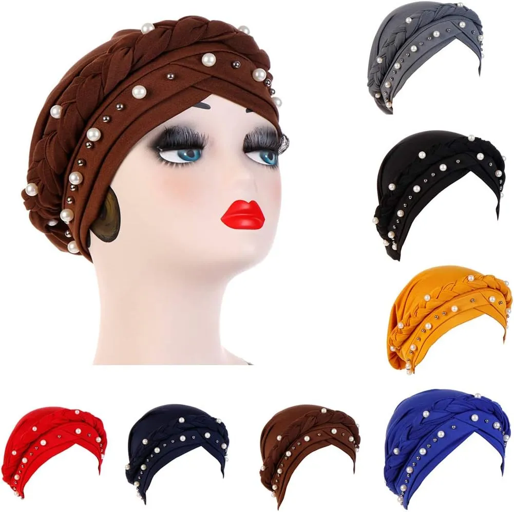 Women Pearl Beaded Braid Hijab Turban Hat Twisted Cancer Headscarf Chemo Beanies Bandana Headwrap Cap