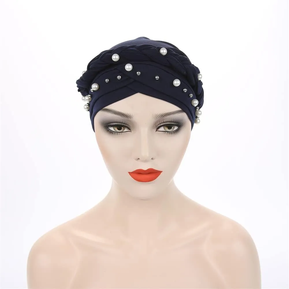 Women Pearl Beaded Braid Hijab Turban Hat Twisted Cancer Headscarf Chemo Beanies Bandana Headwrap Cap