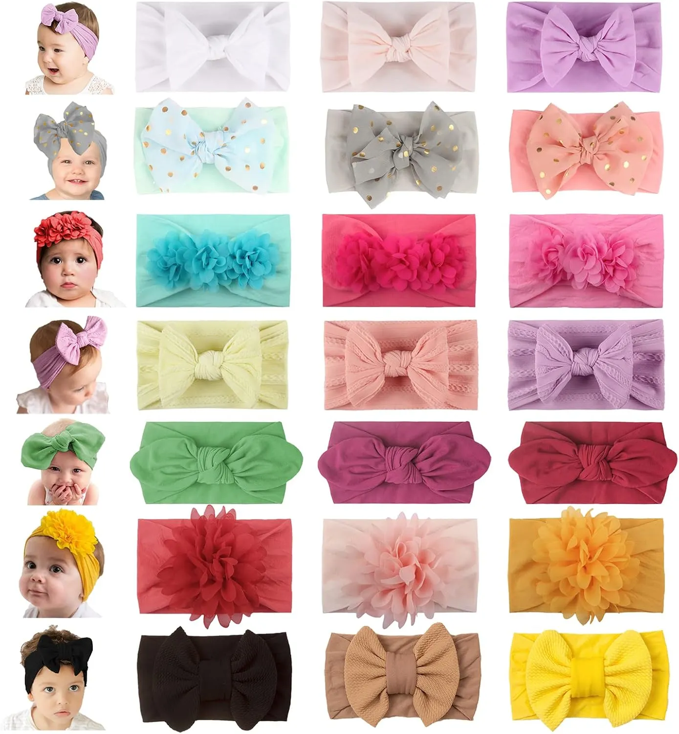 WZT 21PCS Baby Nylon Headbands 7 styles Hairbands Hair Bow Elastics for Girl headbands with bows Newborns Infant Toddlers